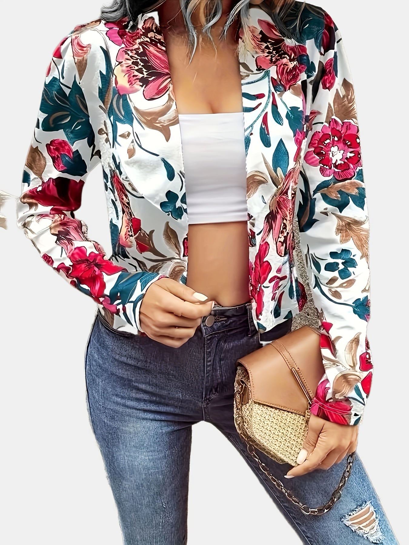 Floral Print Open Front Jacket for Spring & Fall