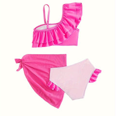 Girls Flamingo Graphic Ruffle Trim Bathing Suit Set