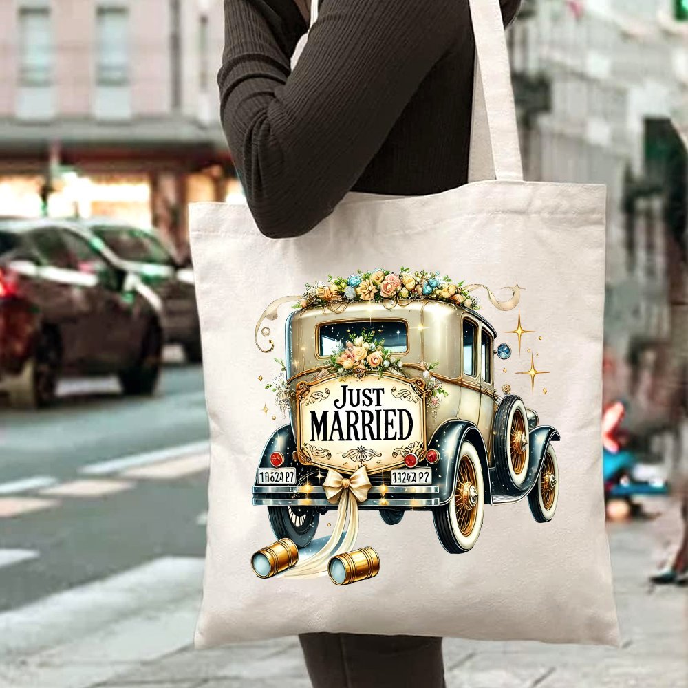 Vintage Wedding Truck Print Canvas Tote Bag