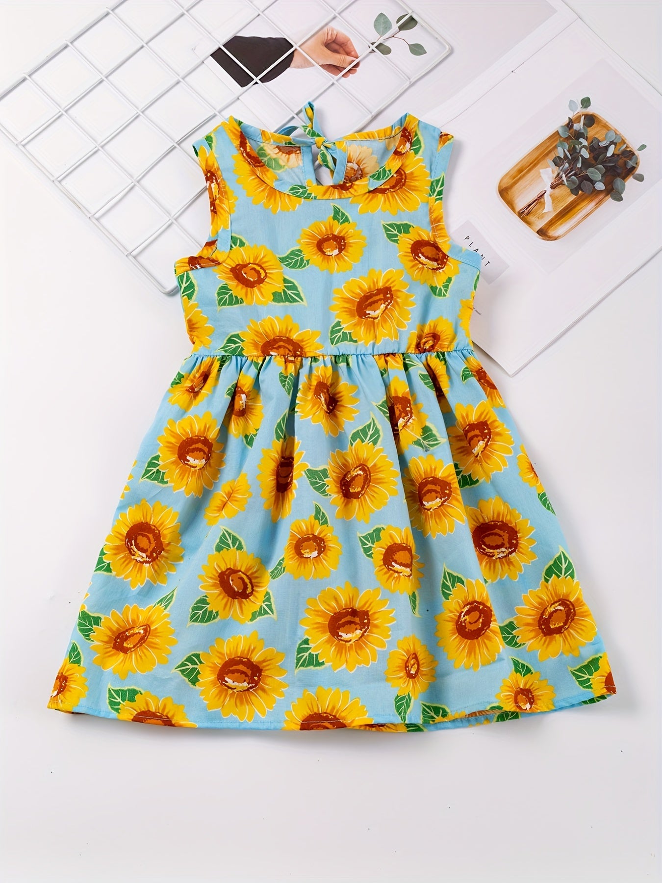 Girl's Sun Flower Sleeveless Strap Dress Comfy Summer Casual