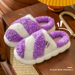 Colorblock Plush Cloud Slippers Closed Toe Platform Winter Warm Home Slippers