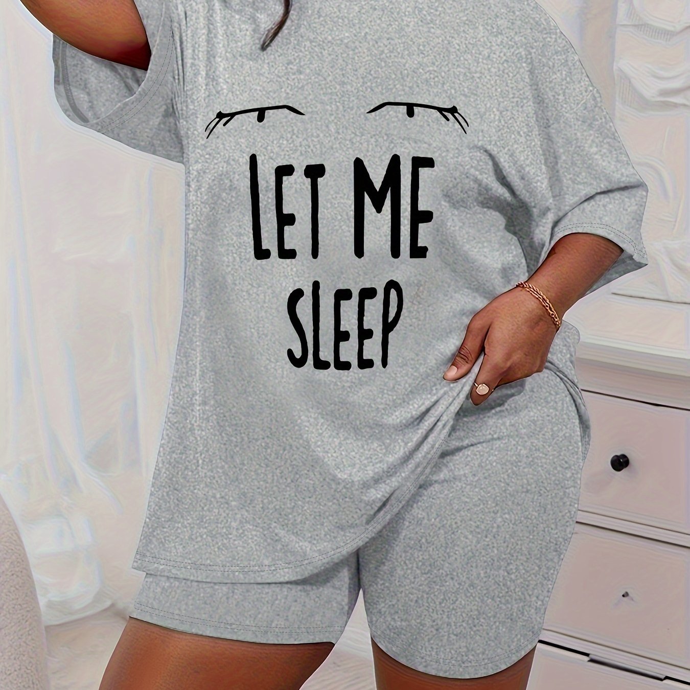 Eye & Slogan Print Tee & Shorts Home Wear Set