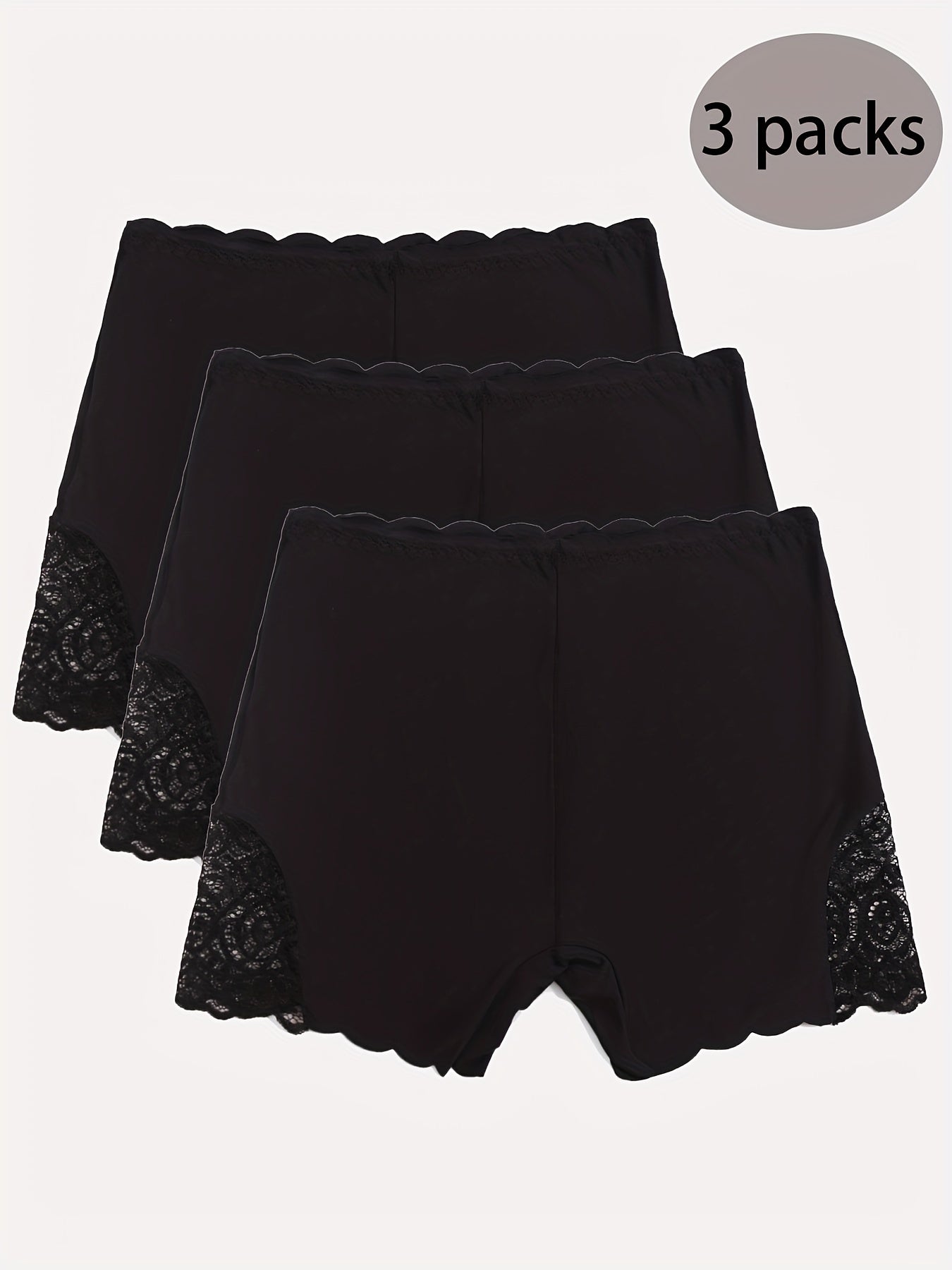 3pcs Lace Boyshort Panties Seamless Scallop Trim Bow Tie Women's Lingerie