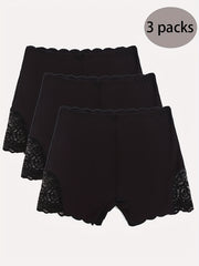 3pcs Lace Boyshort Panties Seamless Scallop Trim Bow Tie Women's Lingerie
