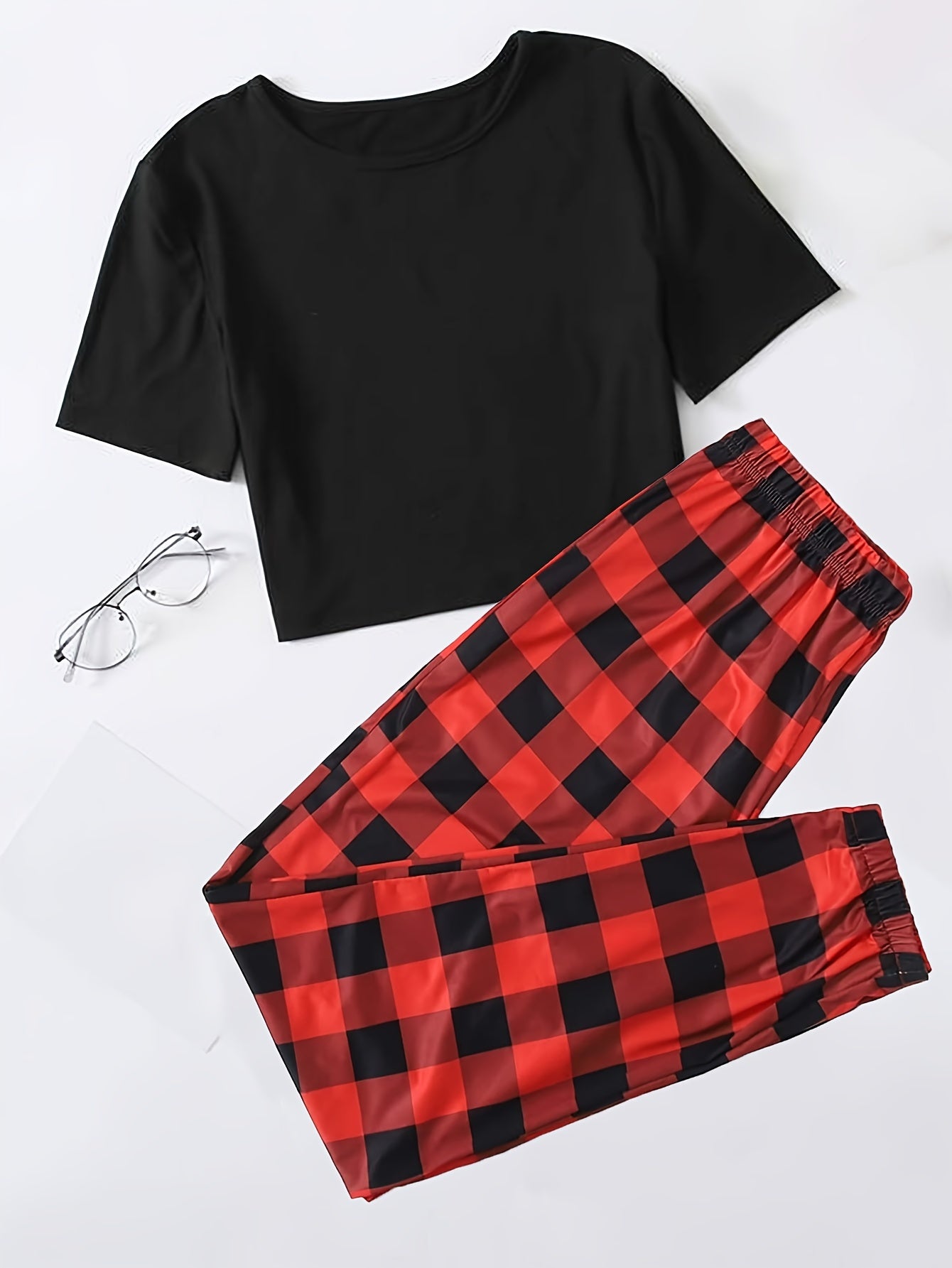 Women's Pajama Set Short Sleeve Top & Plaid Lounge Pants