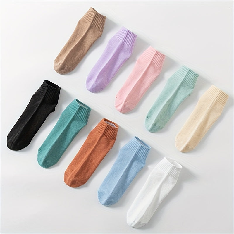 10 Pairs Women's Solid Crew Short Socks - Comfy & Breathable Stockings