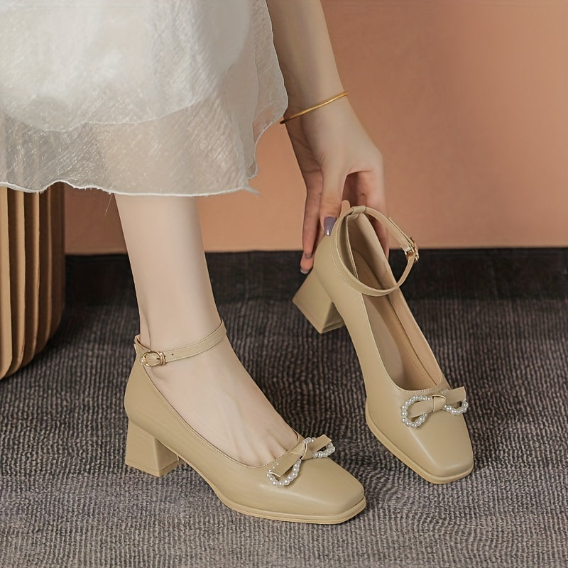 Faux Pearl Bowknot Chunky Heeled Dress Shoes Ankle Strap Mid Heels