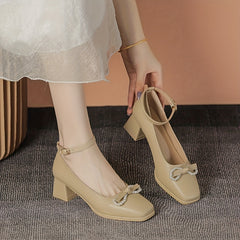 Faux Pearl Bowknot Chunky Heeled Dress Shoes Ankle Strap Mid Heels