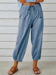 Minimalist Elastic Waist Cropped Pants Casual Solid Drawstring Pants Women
