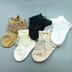 3Pairs Baby Girls Princess Lace Ruffles Bow Ankle Socks