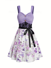 Butterfly & Floral Print Lace V Neck Cami Dress
