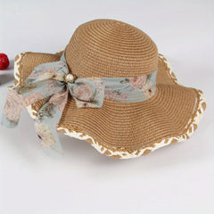 Floral Bow Decor Sun Hat Ruffles Wide Brim Floppy Straw Hat