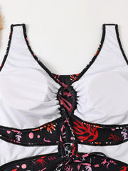 Coral Print Cut Out Drawstring Front One Piece Swimsuit