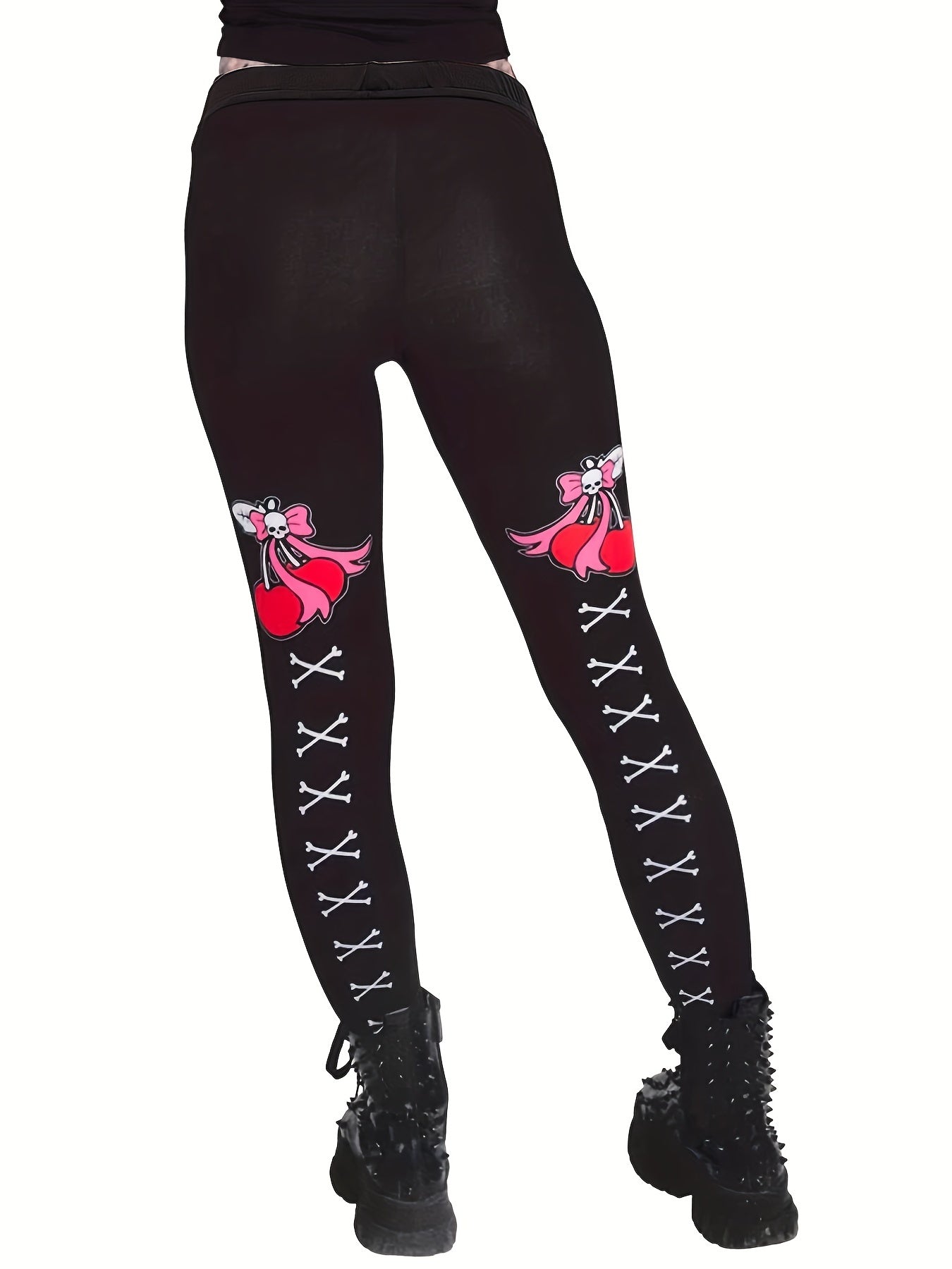 Cherry & Skull Print Skinny Leggings Casual Stretchy Leggings