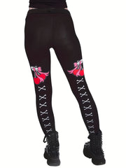 Cherry & Skull Print Skinny Leggings Casual Stretchy Leggings