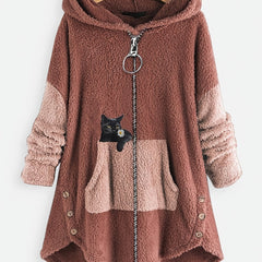 Cat Print Hooded Coat Warm Outerwear For Fall & Winter