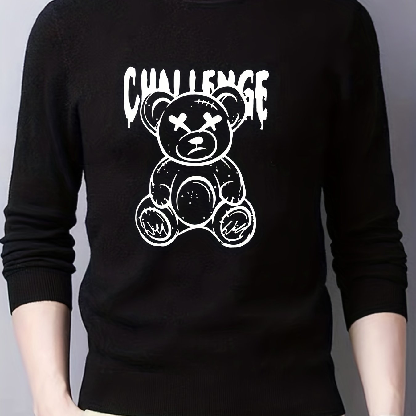 Cartoon Teddy Bear Print Knitted Sweater Men's Casual Warm Pullover