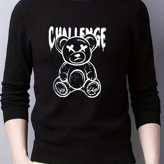 Cartoon Teddy Bear Print Knitted Sweater Men's Casual Warm Pullover