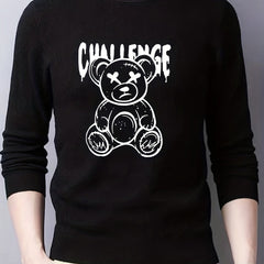 Cartoon Teddy Bear Print Knitted Sweater Men's Casual Warm Pullover