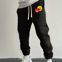 Love Heart & Smile Face Print Drawstring Sweatpants Loose Fit Pants Men's Casual
