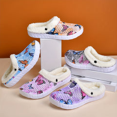 Women's Colorful Butterfly Print Warm Hole Slippers