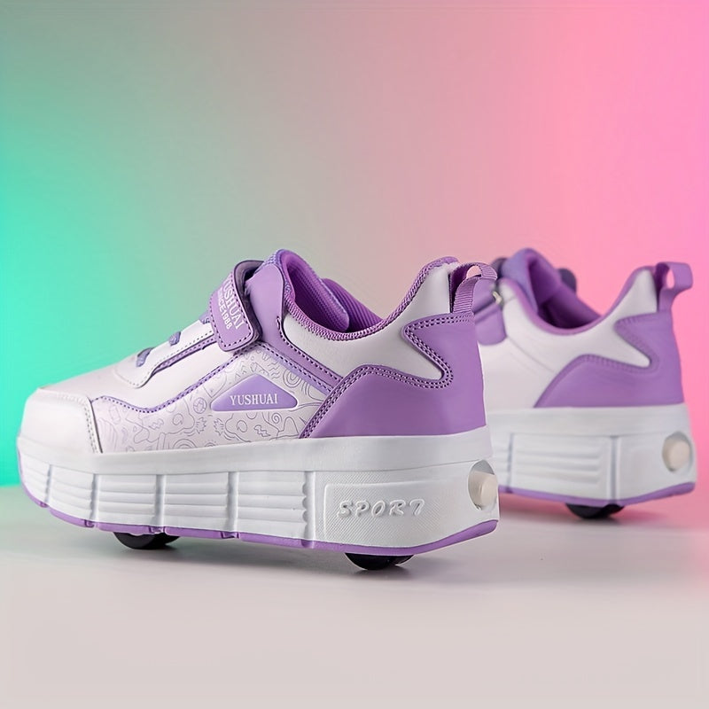Girl's Roller Shoes with Hook and Loop Closure - Detachable Wheel Skate Sneakers