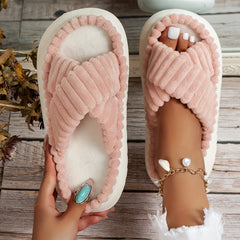Plush Cross Strap Platform Slippers - Comfortable Home Shoes