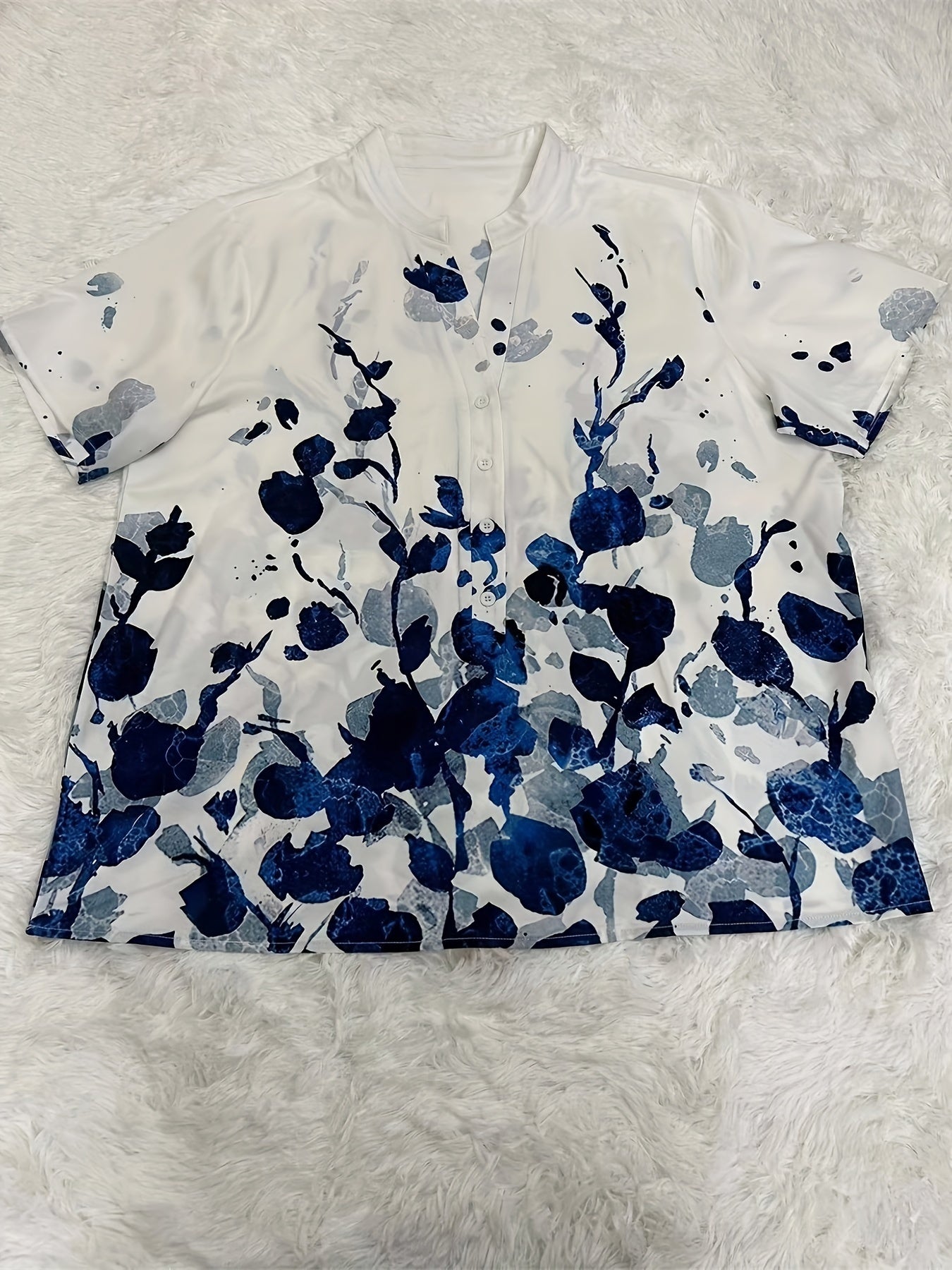 Women's Plus Floral Print Short Sleeve Button Up V Neck Blouse