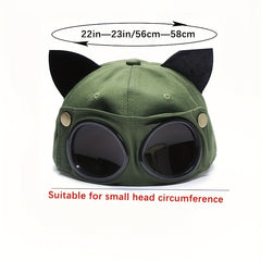Cat Ears Aviator Glasses Baseball Cap Unisex Retro Style Pilot Hat