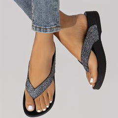 Women's Rhinestone Flip Flops Open Toe Wedge Sandals