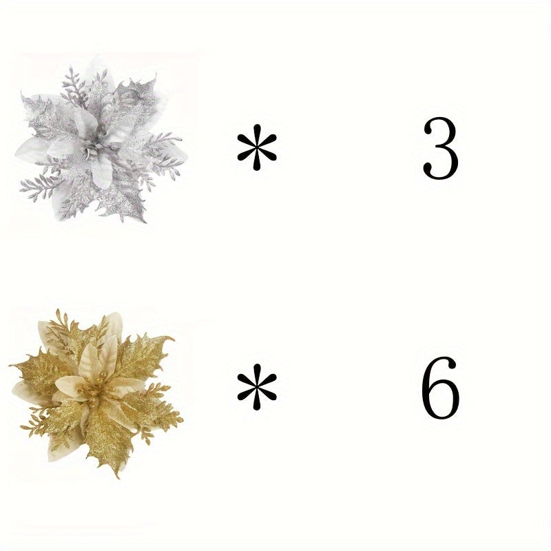 10pcs Artificial Flowers Christmas With Clips Stems Xmas Tree Ornaments Golden