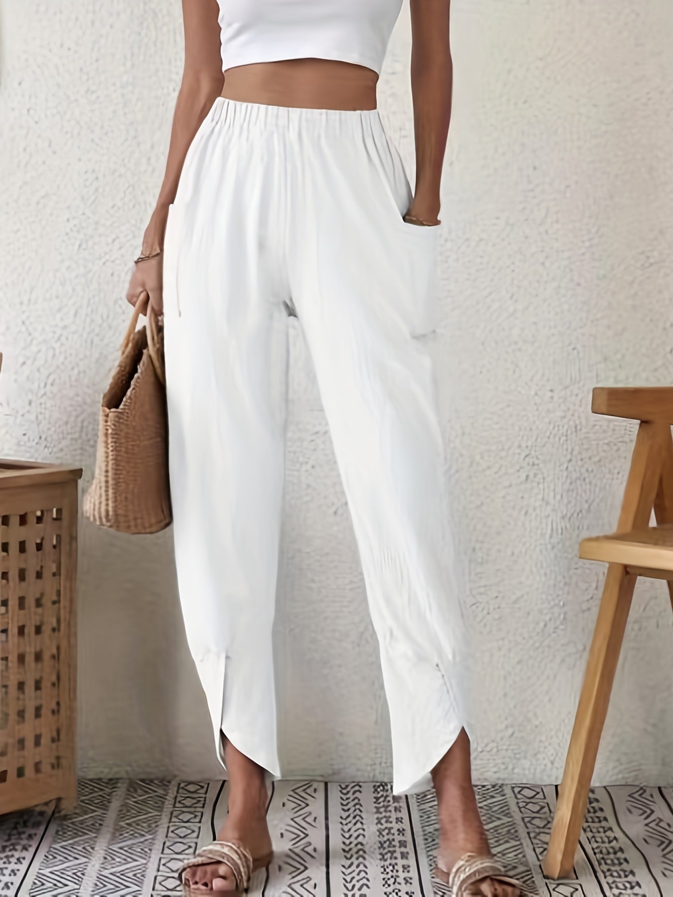 High Waist Patched Pockets Pants Casual Loose Spring Summer Womens