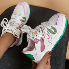Women's Colorblock Casual Sneakers Low Round Toe Lace Up Outdoor Skate Shoes