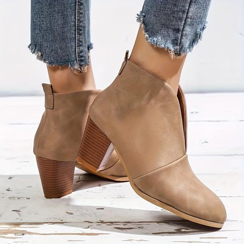 Vintage V-Cut Block Heel Ankle Boots
