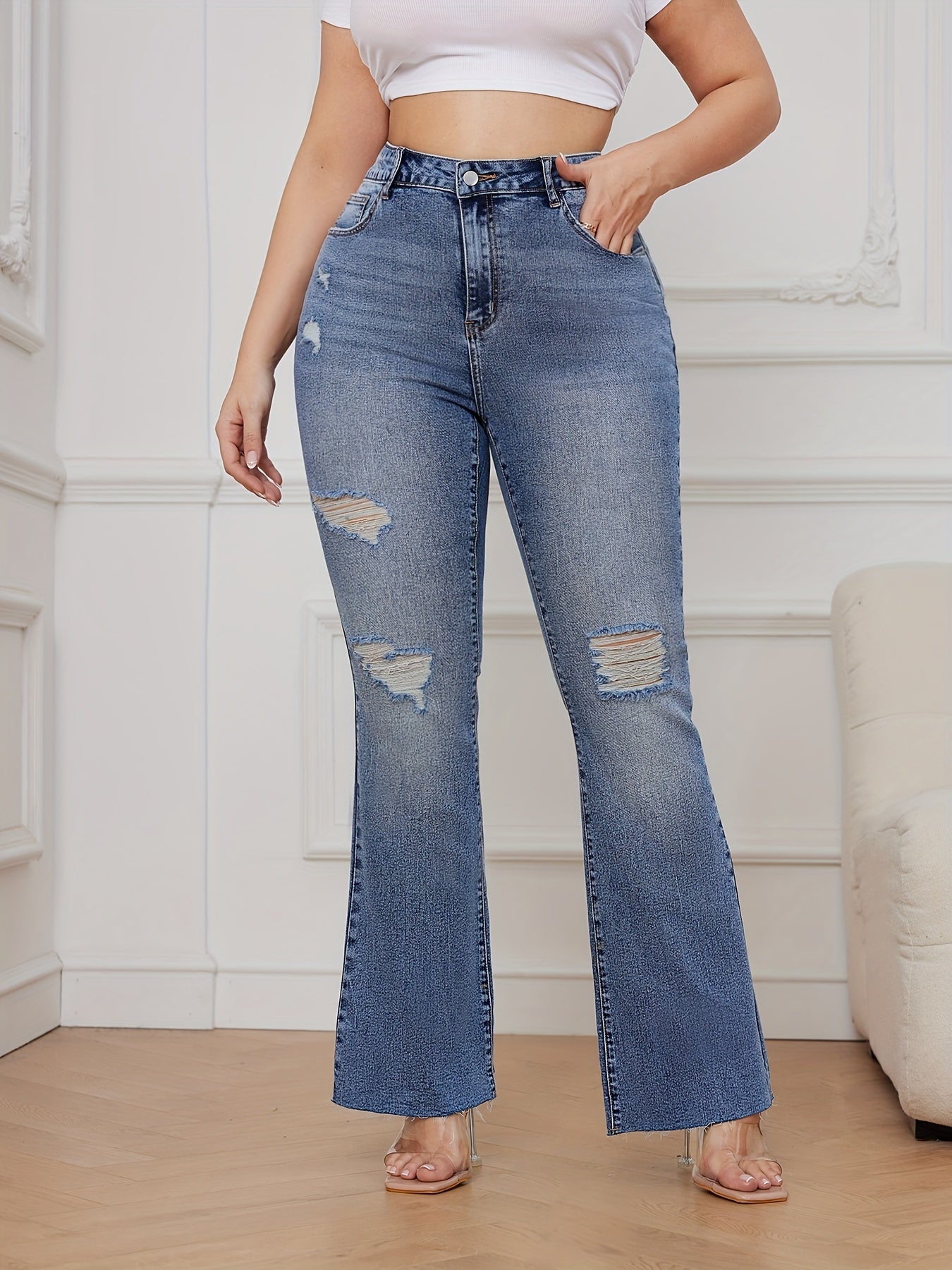 Women's Plus Washed Ripped High Rise Flared Leg Jeans