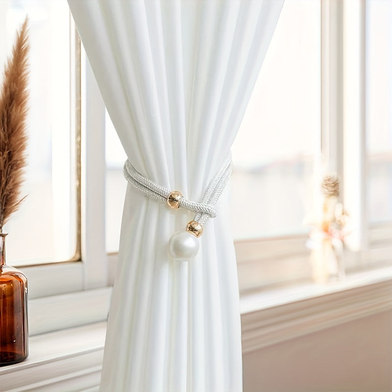 Adjustable Curtain Tiebacks with Faux Pearls - Home Office Window Decor