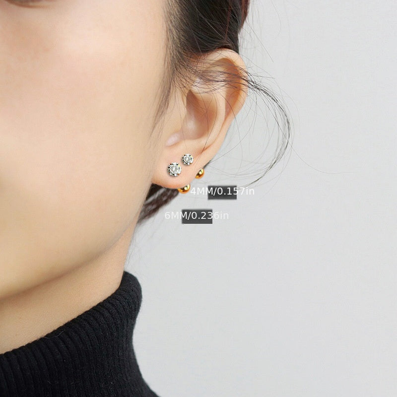 S925 Sterling Silver Zirconia Stud Earrings Girls Buckle Screw Pattern