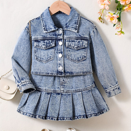 Girl's Denim 2pcs Button Front Jacket & Skirt Set Y2K Style