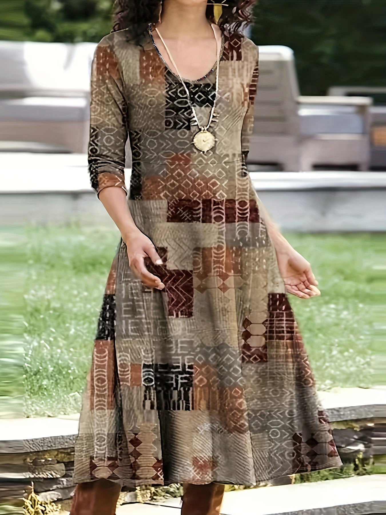 Geo Print Maxi Dress Long Sleeve V Neck Retro Style