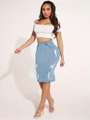 Women's Plus Solid Zipper Ripped High Rise Slim Fit Denim Skirt
