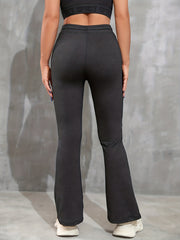 Dark Gray Yoga Pants Women Mid Waist Drawstring Pockets Fared Leg
