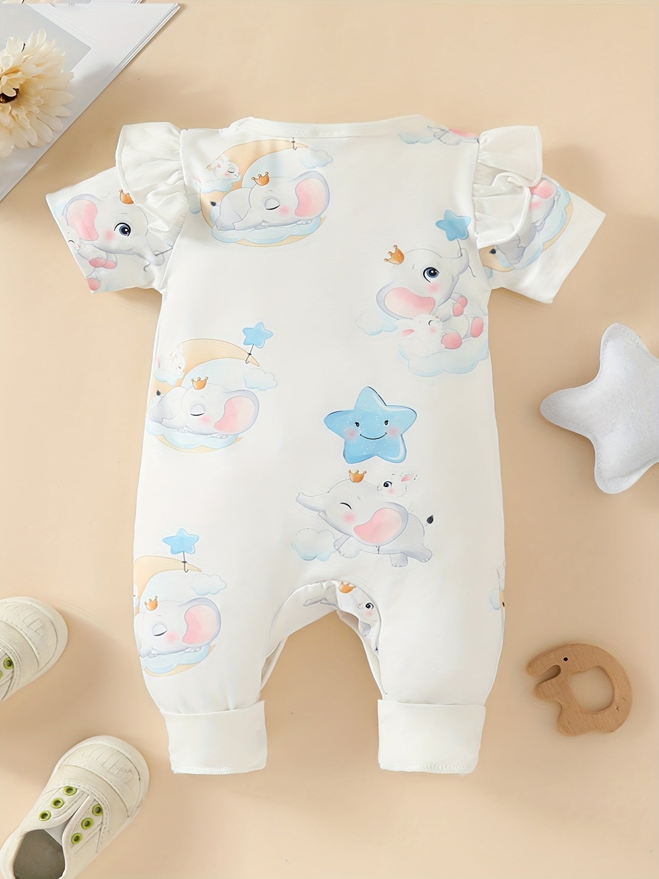 Baby Girls Elephant Print Short Sleeve Romper Jumpsuit