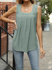 Eyelet Solid Tank Top Squared Neck Sleeveless Top Women's Clothing