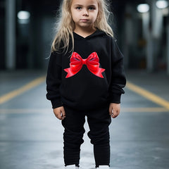 Girls 2pc Hooded Sweatshirt & Sweatpants Set Cartoon Bowknot Pattern Long Sleeve