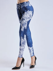 Denim Print Skinny Leggings Elastic Waist Stretchy Women's Clothing