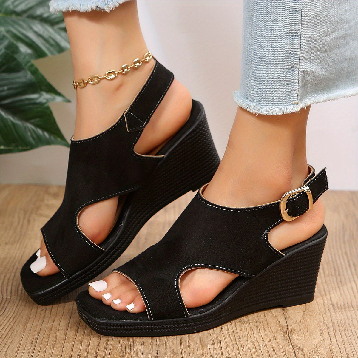 Women's Square Toe Wedge Sandals Cut out Buckle Strap Slingback Sandals