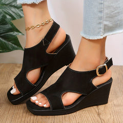 Women's Square Toe Wedge Sandals Cut out Buckle Strap Slingback Sandals