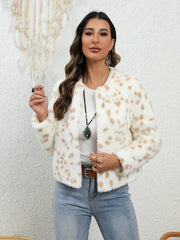 Allover Print Open Front Teddy Coat for Fall & Winter