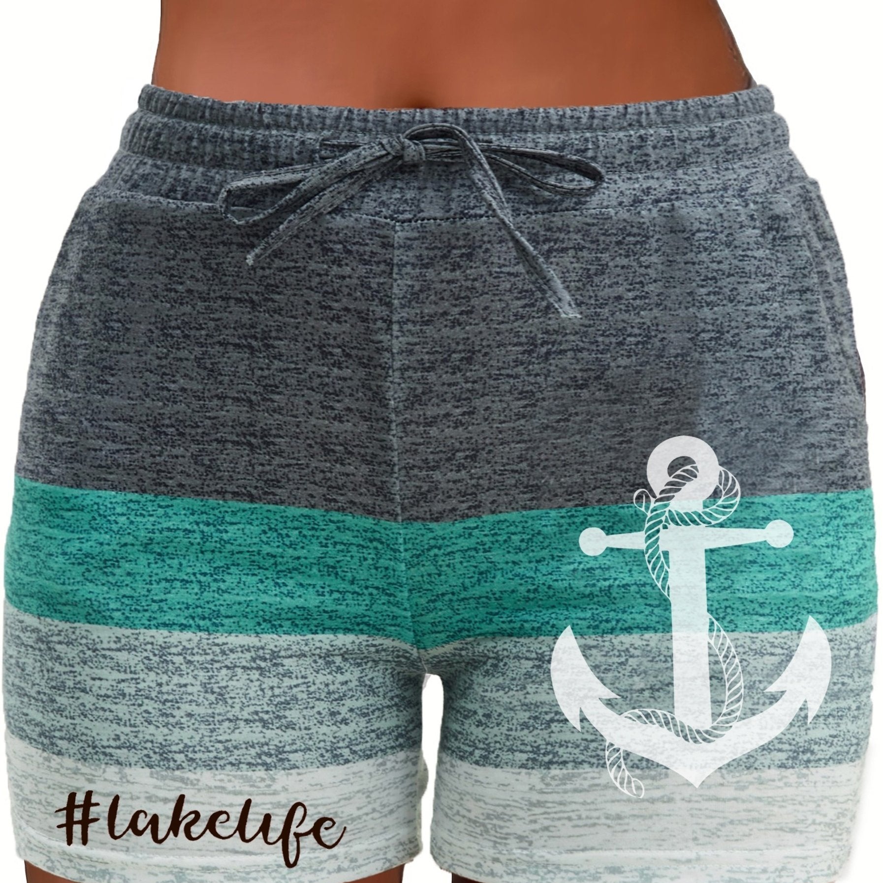 Anchor Print Colorblock Drawstring Shorts
