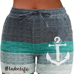 Anchor Print Colorblock Drawstring Shorts